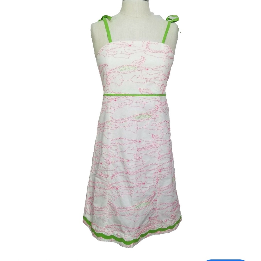 New Pulitzer Pink alligator embroidered Green bow scallop Sundress dreamy midi